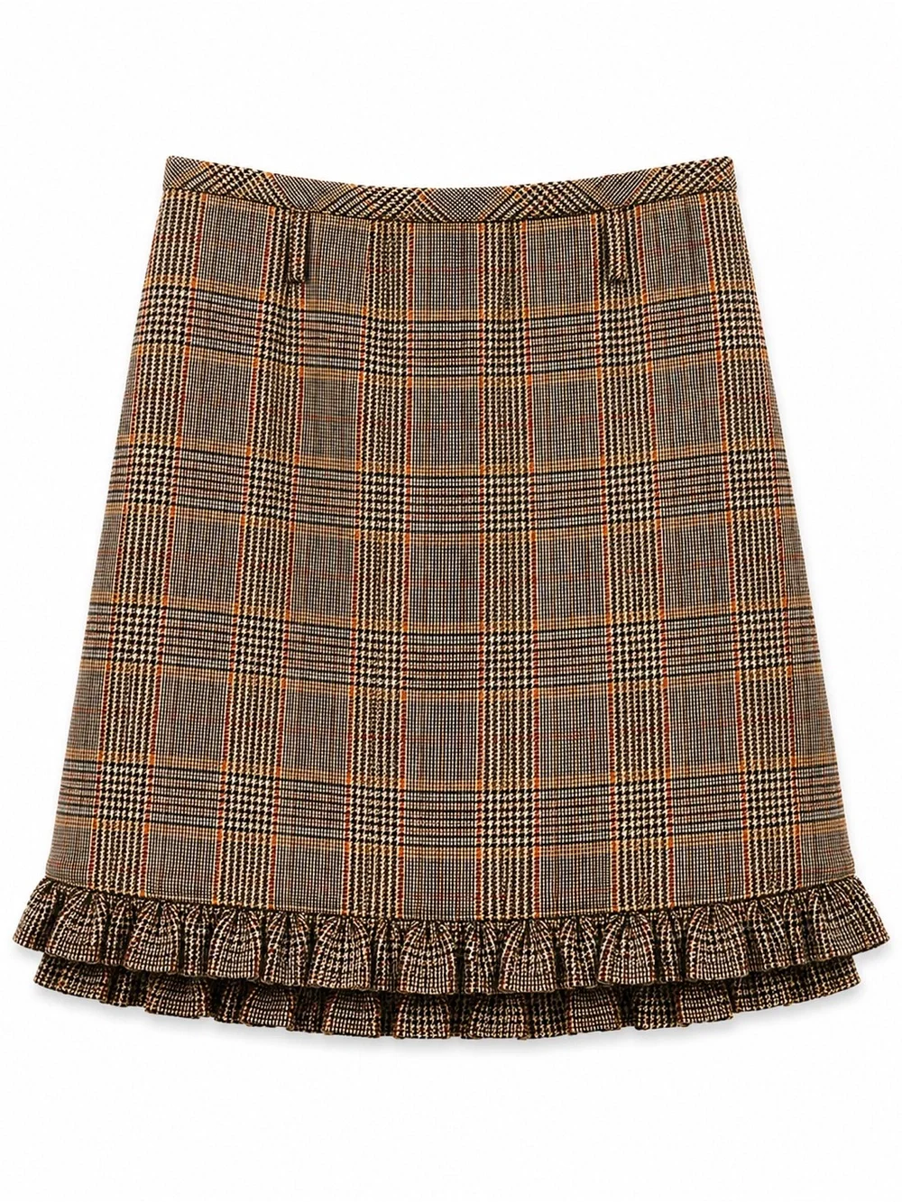 J. Crew Plaid A-Line Skirt with Ruffle Hem - Brown and Tan